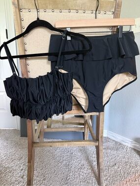 Black Ruffle High-Waist Bikini Set - Women's Swim Large Top & and XL Bottom